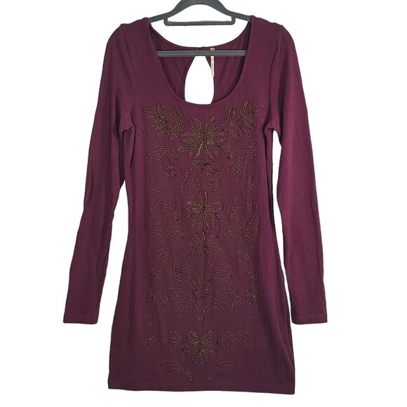 Free People Lady in Waiting Beaded Embellished Burgundy Body Con Mini Dress M - Picture 1 of 10